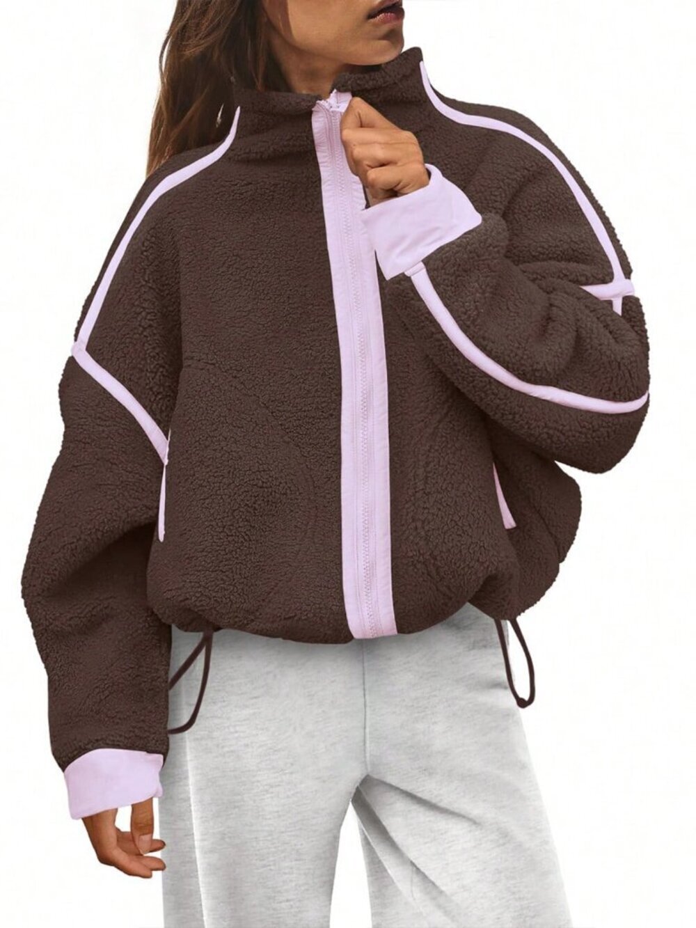 Brown Elegant Women's Coat with Stand Collar